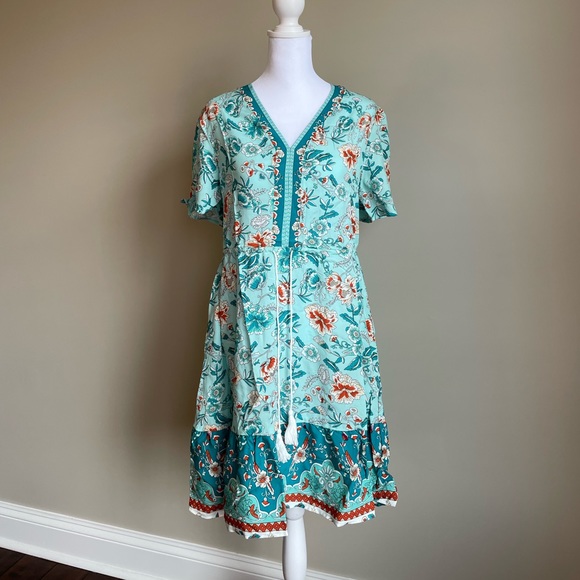 Women's Summer Boho Beach Mini Casual Short Sleeve Ruffle Bohemian Floral Dress - Picture 3 of 8